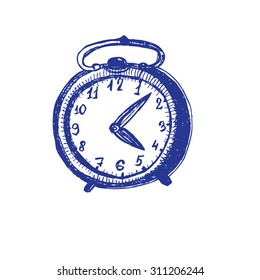 Freehand sketch of old clock. Time icon. Vector illustration.Alarm clock.