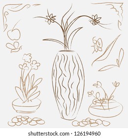 Freehand sketch ornament plant in vase, vector format.