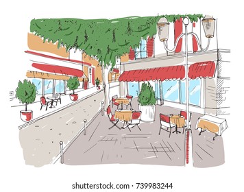 Freehand sketch of outdoor cafe or restaurant with tables covered with tableclothes and chairs standing on city street under large tree beside building. Colorful hand drawn vector illustration.