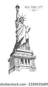 Freehand sketch of The Statue Of Liberty In America. New York and USA landmark. Freehand drawing of American national symbol in black color isolated on white background. Vector.