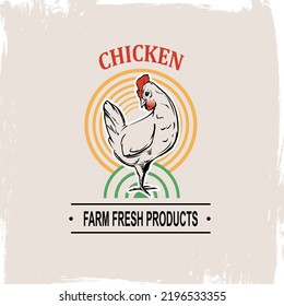 freehand sketch style chicken farm product advertising design mockup with stylized sun background.Poster with frayed edges for business cards,advertising,creativity