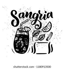 Freehand sketch style drawing of sangria, cocktail glass, various fruits and hand written lettering. Spanish Cocktail recipe. Vector illustration isolated on background