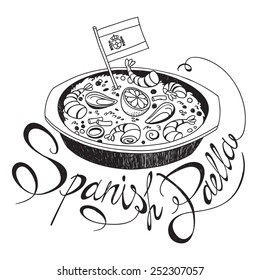 Freehand sketch style drawing of seafood paella pan with Spanish flag and hand written lettering. Vector illustration isolated on white background