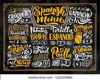 Freehand sketch style drawing of spanish menu with different food names, various elements and hand written lettering. Chalkboard design. Detailed illustration isolated on black background. Vector