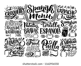 Freehand sketch style drawing of spanish menu with different food names, various elements and hand written lettering. Chalkboard design. Detailed illustration isolated on white background. Vector