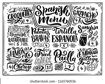 Freehand sketch style drawing of spanish menu with different food names, various elements and hand written lettering. Chalkboard design. Detailed illustration isolated on white background. Vector