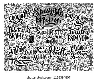 Freehand sketch style drawing of spanish menu with different food names, various elements and hand written lettering. Chalkboard design. Vector vintage illustration. Background for restaurant, cafe