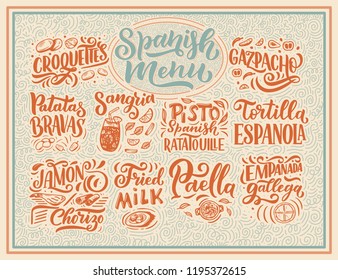 Freehand sketch style drawing of spanish menu with different food names, various elements and hand written lettering. Chalkboard design. Vector vintage illustration. Background for restaurant, cafe