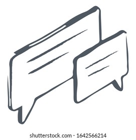 Freehand sketch of thought bubble with text. Outline picture, simple transparent element. Contour or frame of message, conversation of people. Grey circuit, pencil drawn vector illustration in minimal