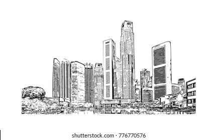 Freehand sketch vector panoramic Singapore city Freehand Drawing. Vector illustration.