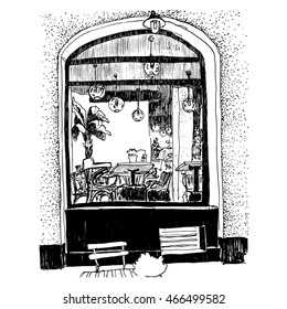 Freehand sketch with the view on the coffee shop window. Vector illustration of the small cafe on the street of old european town drawn in sketch style, isolated on white background. Belgrade, Serbia.