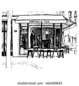 Freehand sketch with the view on the coffee shop window. Vector illustration of the small cafe on the street of old european town drawn in sketch style, isolated on white background. Belgrade, Serbia.