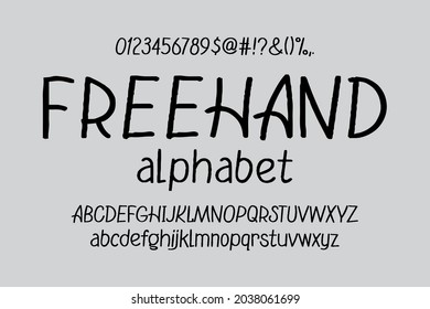 Freehand sloppy font. Alphabet of uppercase and lowercase letters, numbers and punctuation marks.