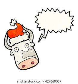 Freehand-Sprechblase strukturierte Cartoon-Kuh mit Weihnachtsmütze