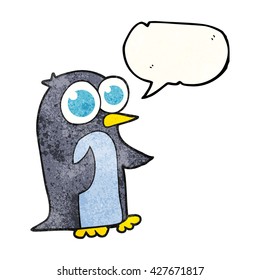 freehand speech bubble textured cartoon penguin with big eyes