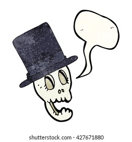freehand speech bubble textured cartoon skull wearing top hat