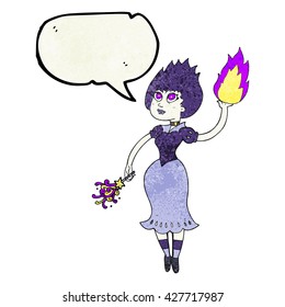 freehand speech bubble textured cartoon vampire girl casting fireball