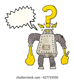 freehand speech bubble textured cartoon confused robot carrying shopping