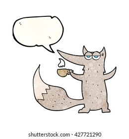 freehand speech bubble textured cartoon wolf with coffee cup