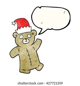 freehand speech bubble textured cartoon teddy bear wearing christmas hat