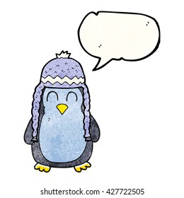 freehand speech bubble textured cartoon penguin wearing hat