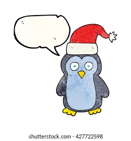 freehand speech bubble textured cartoon christmas penguin
