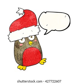freehand speech bubble textured cartoon christmas robin wearing christmas hat