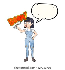 mujer mecánica de caricatura texturizada con burbuja de habla libre