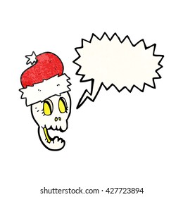 balão de fala à mão livre texturizado desenho animado chapéu de natal no crânio