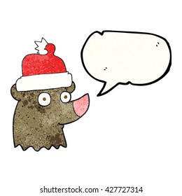 freehand speech bubble textured cartoon bear wearing christmas hat