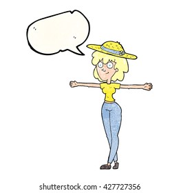freehand speech bubble textured cartoon woman spreading arms