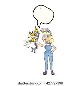 freehand speech bubble textured cartoon electrician woman
