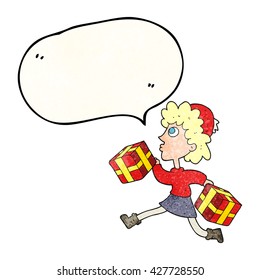 freehand speech bubble textured cartoon running woman with presents