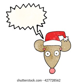 freehand speech bubble textured cartoon mouse in christmas hat