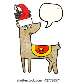 freehand speech bubble textured cartoon reindeer wearing christmas hat