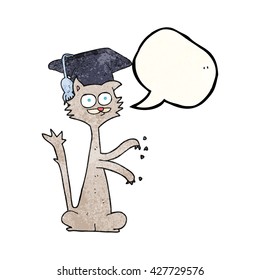 freehand speech bubble textured cartoon cat scratching with graduation cap