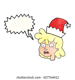 freehand speech bubble textured cartoon stressed woman wearing santa hat
