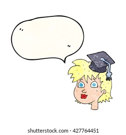freehand speech bubble textured cartoon woman wearing graduate cap