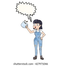 freehand speech bubble textured cartoon female worker with coffee mug