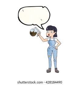 freehand speech bubble textured cartoon woman in dungarees with coffee 