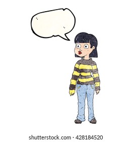 freehand speech bubble textured cartoon woman in casual clothes
