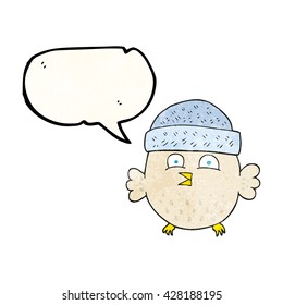 freehand speech bubble textured cartoon owl wearing hat