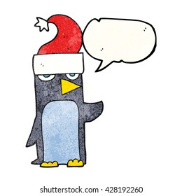 Freehand-Sprechblase strukturierte Cartoon-Pinguin auf Weihnachtsmütze