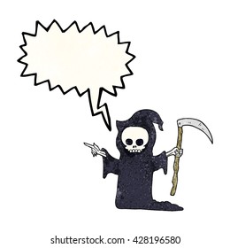 freehand speech bubble textured cartoon death with scythe
