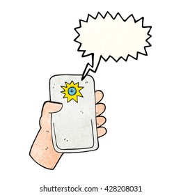 Cartoon-Kamera mit frei gehender Sprachblase, strukturiert und fotografiert