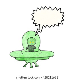 freehand speech bubble textured cartoon alien in flying saucer