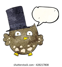 freehand speech bubble textured cartoon little owl with top hat