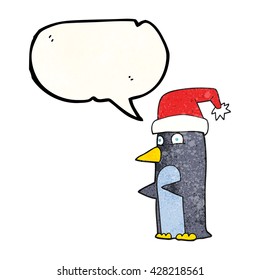 freehand speech bubble textured cartoon christmas penguin