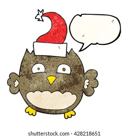 freehand speech bubble textured cartoon owl wearing christmas hat