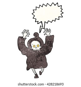 freehand speech bubble textured cartoon dancing death skeleton